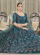 Teal Green Silk Thread Sequince Wedding Wear Lehenga Choli
